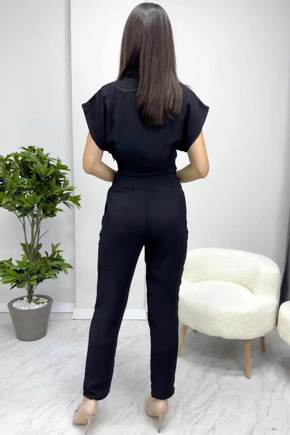 Women's Black Wrap Gold Detail Jumpsuit