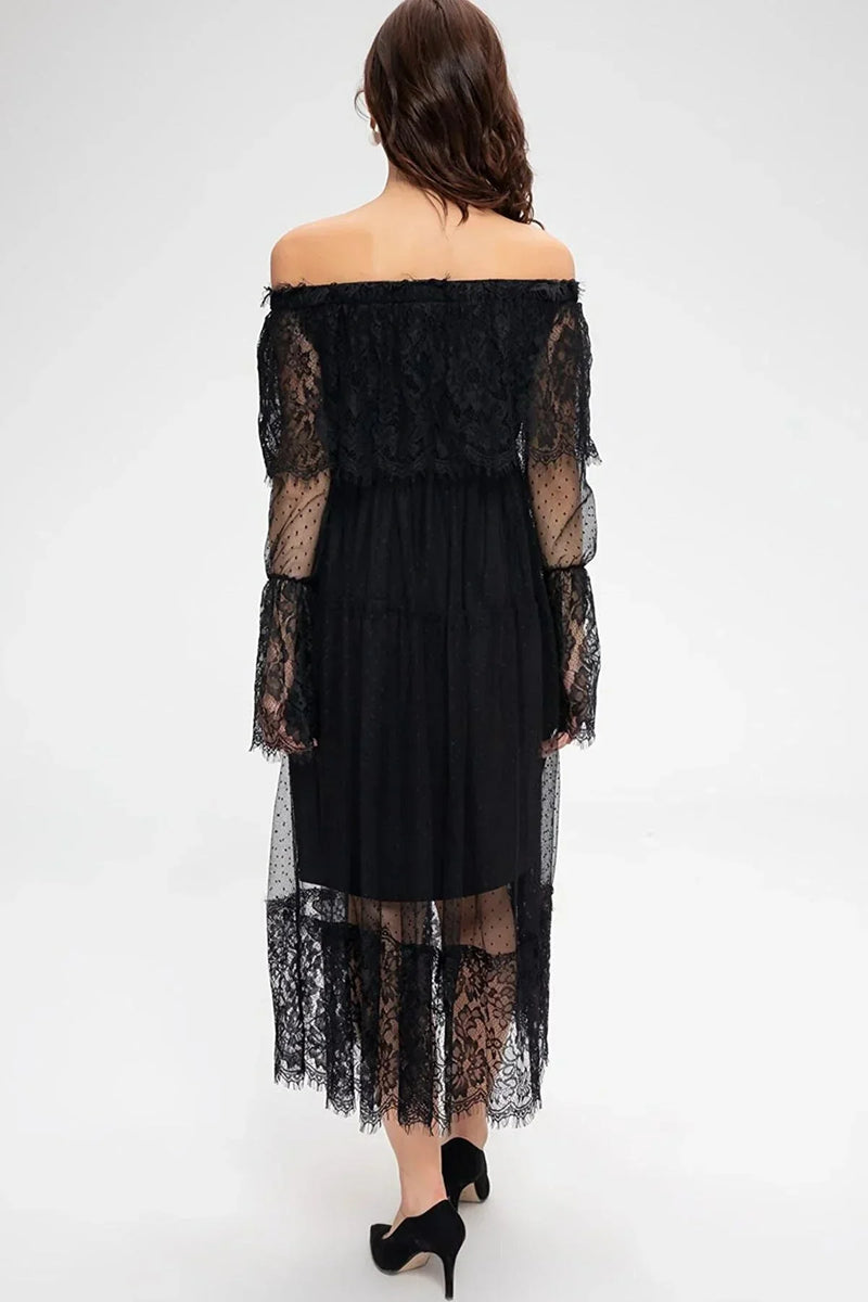 Women's Black Tulle Carmen Neck Madonna Güpür Dress