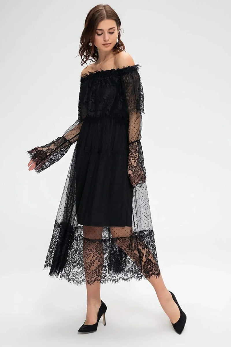 Women's Black Tulle Carmen Neck Madonna Güpür Dress