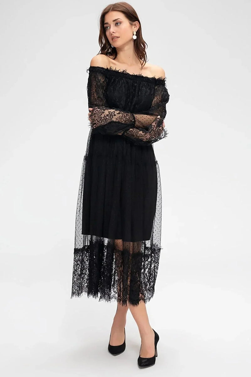 Women's Black Tulle Carmen Neck Madonna Güpür Dress