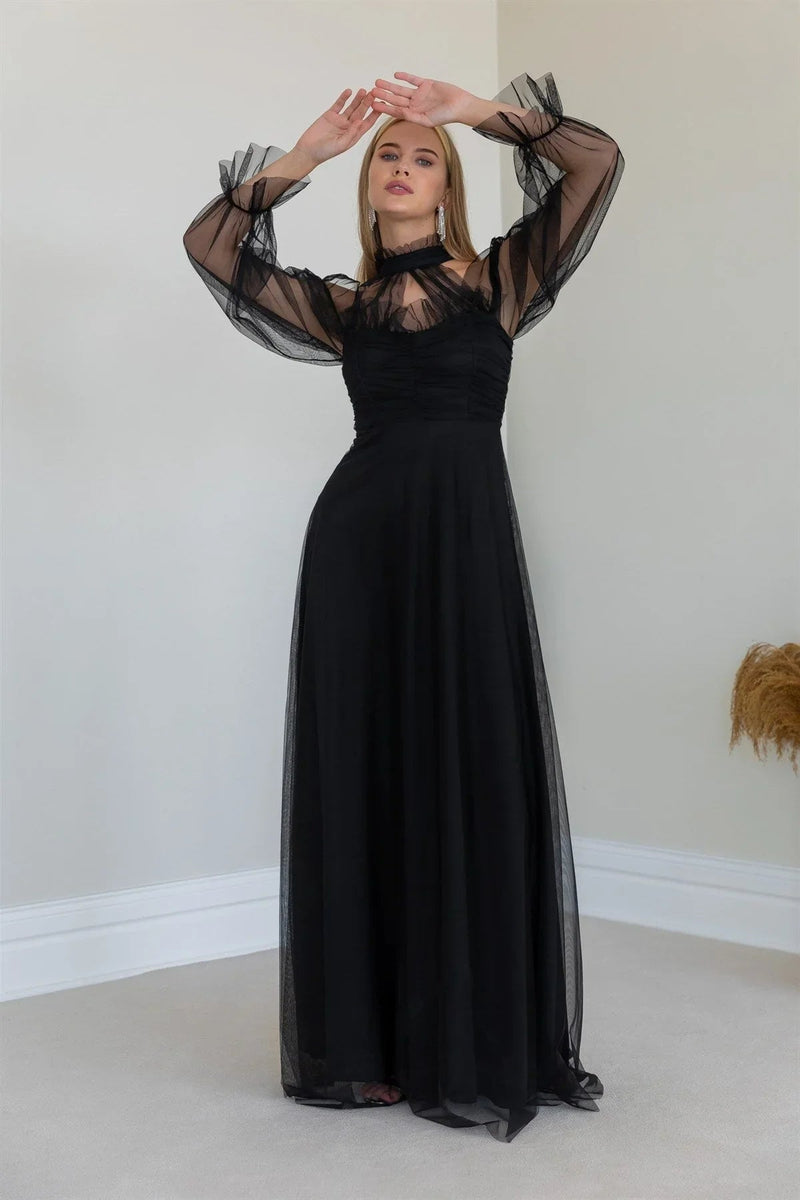 Women's Black Tulle Draped Plus Size Evening Gown