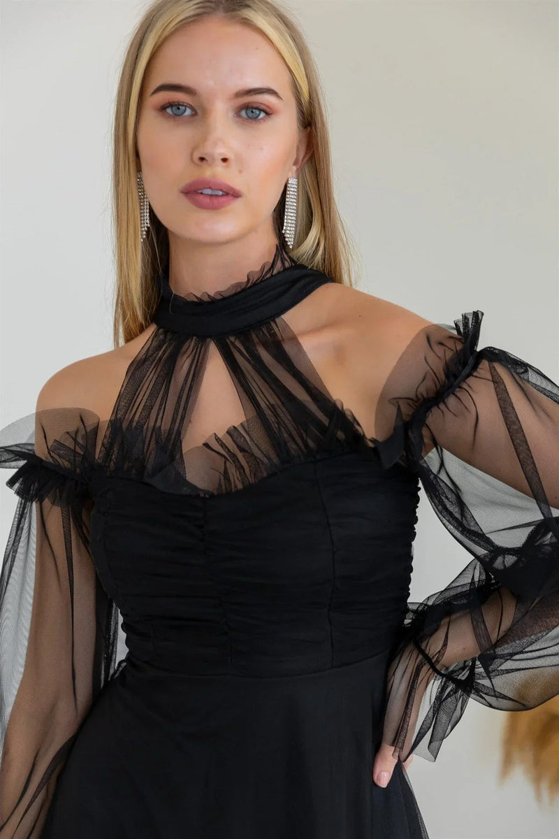 Women's Black Tulle Draped Plus Size Evening Gown