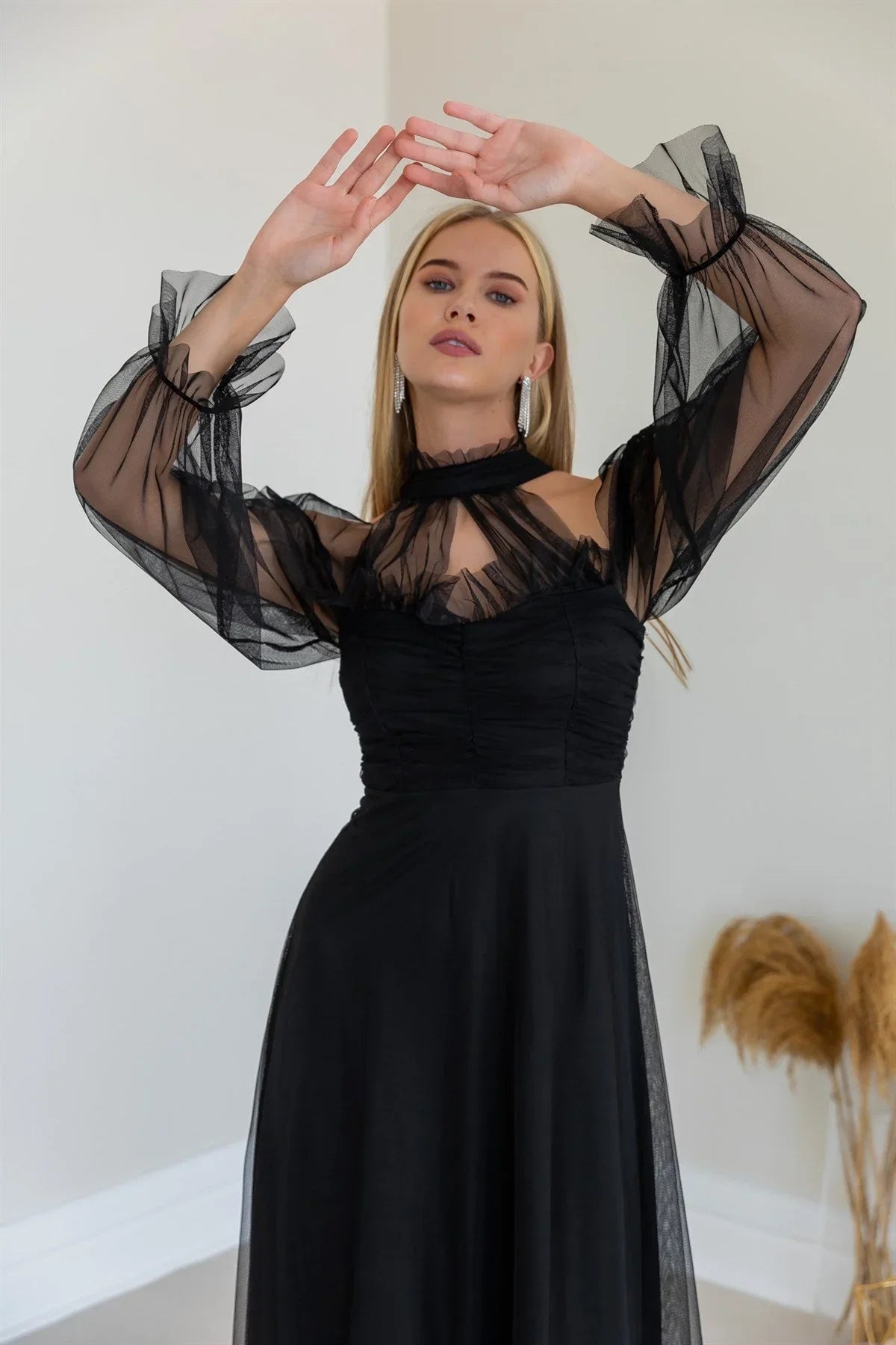 Women's Black Tulle Draped Plus Size Evening Gown