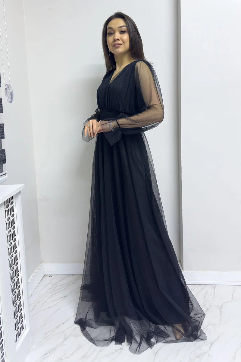 Women's Black V-Neck Tulle Evening Gown