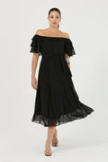 Black Ruffled Madonna Collar Plus Size Chiffon Dress