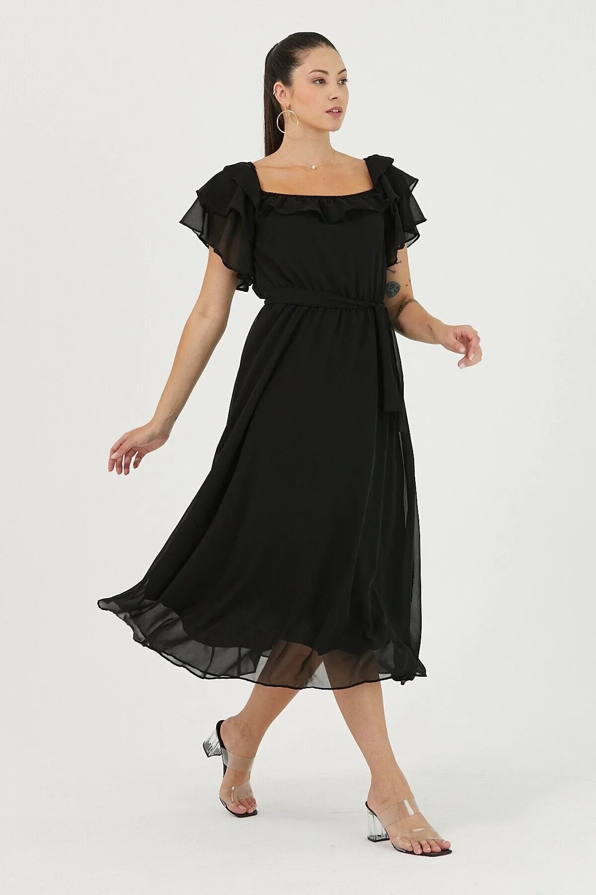 Women's Black Ruffled Madonna Collar Plus Size Chiffon Dress