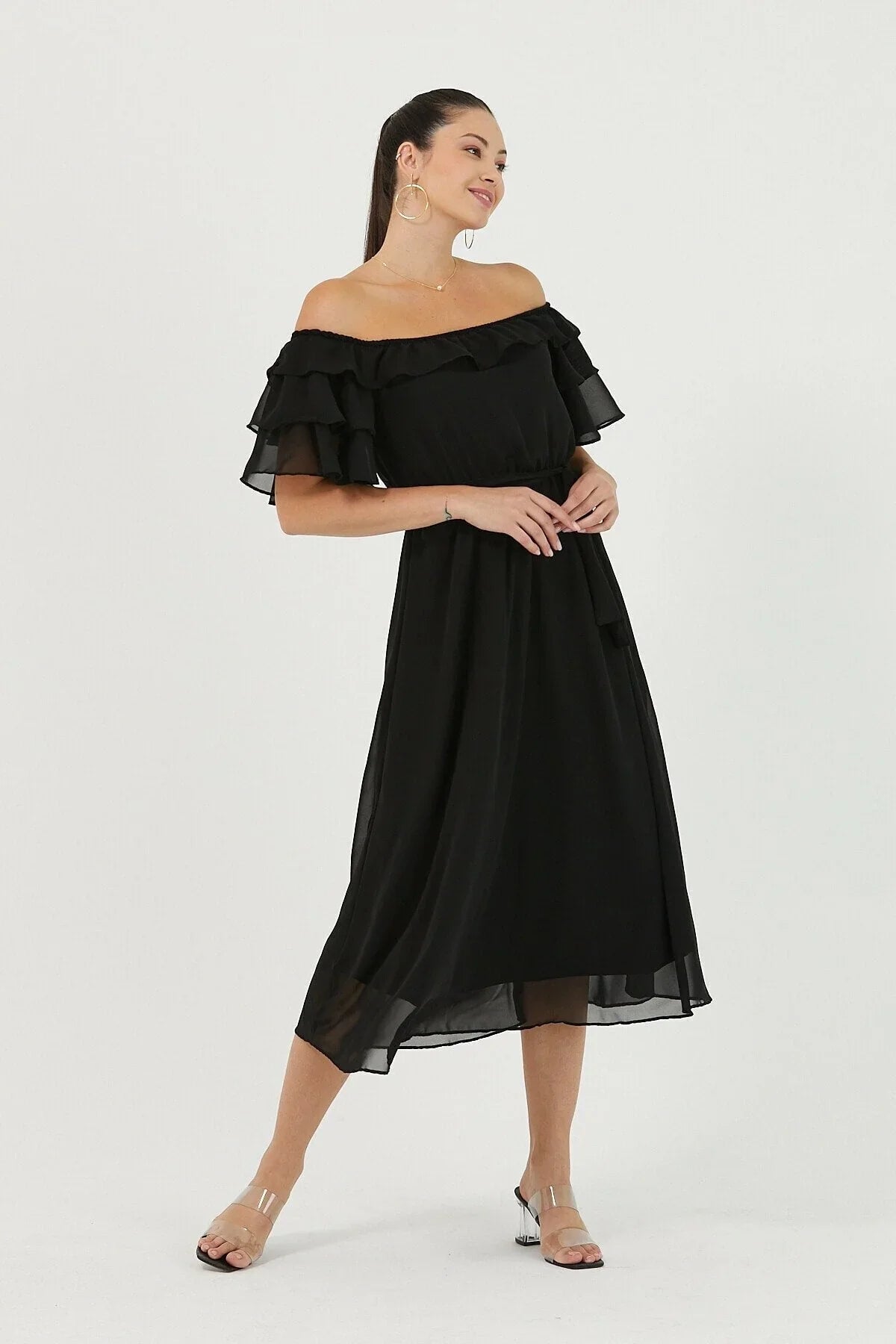 Women's Black Ruffled Madonna Collar Plus Size Chiffon Dress