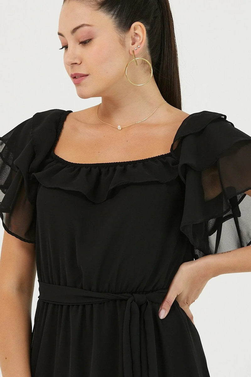 Women's Black Ruffled Madonna Collar Plus Size Chiffon Dress