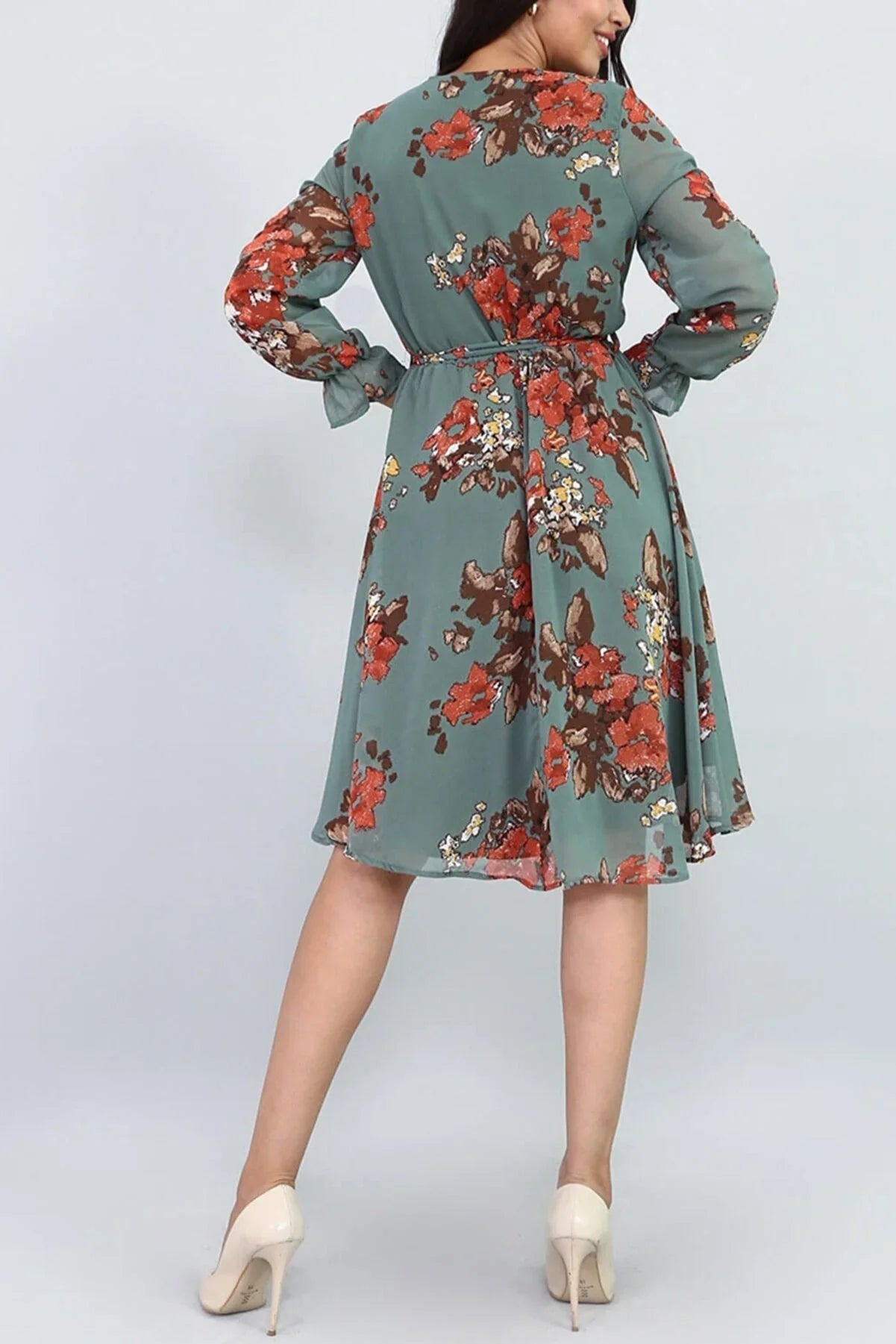 Women's Green Floral Wrap Neck Chiffon Plus Size Short Dress