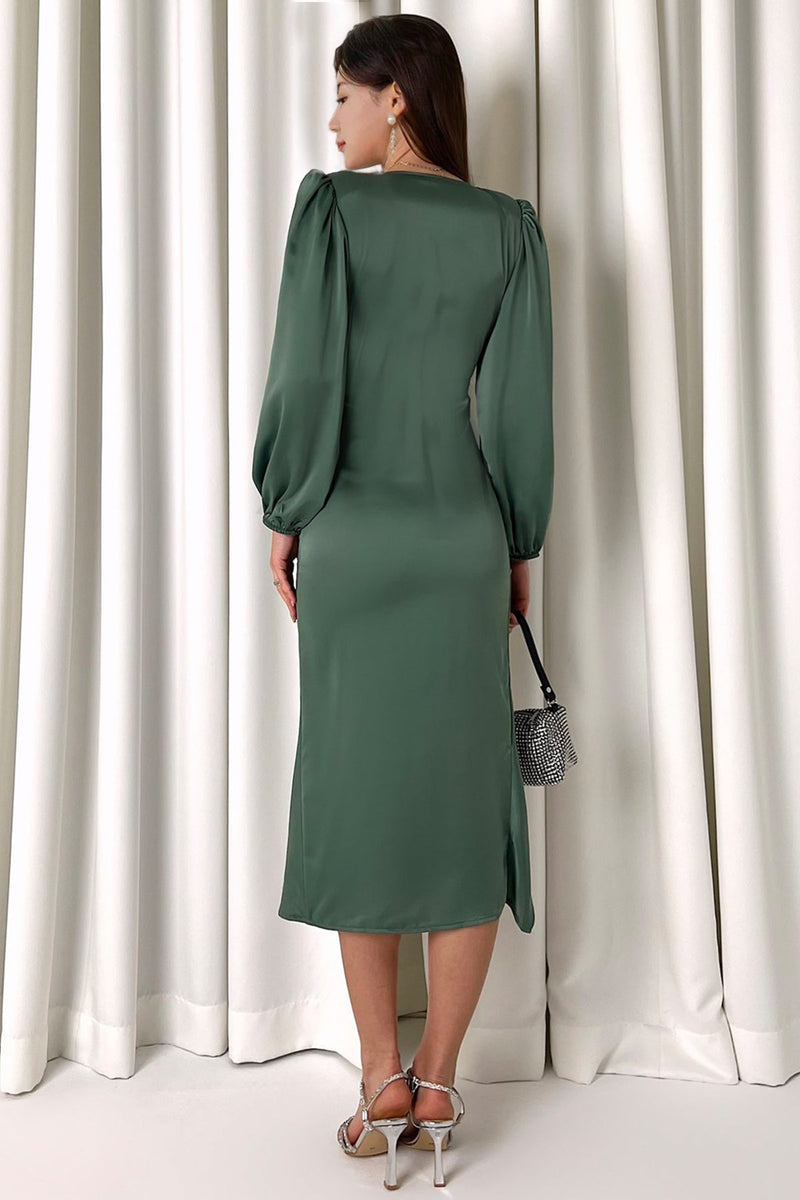 Women's Su yeşili Satin Draped Yırtmaç Detail Balloon Sleeve Plus Size Dress