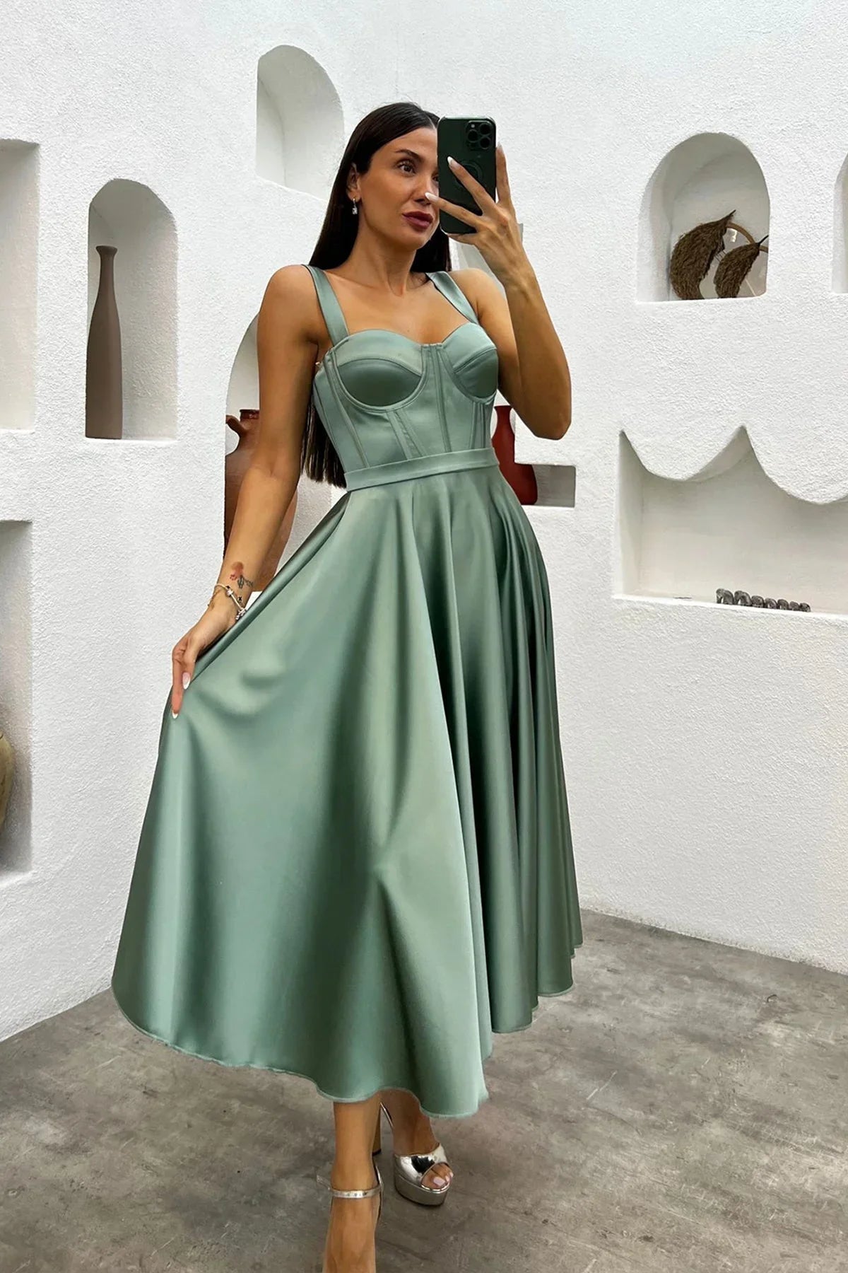 Women's Aqua Green Midi Arkadan Tie Gloplu Evening Gown,Balo,Mezuniyet Dresssi