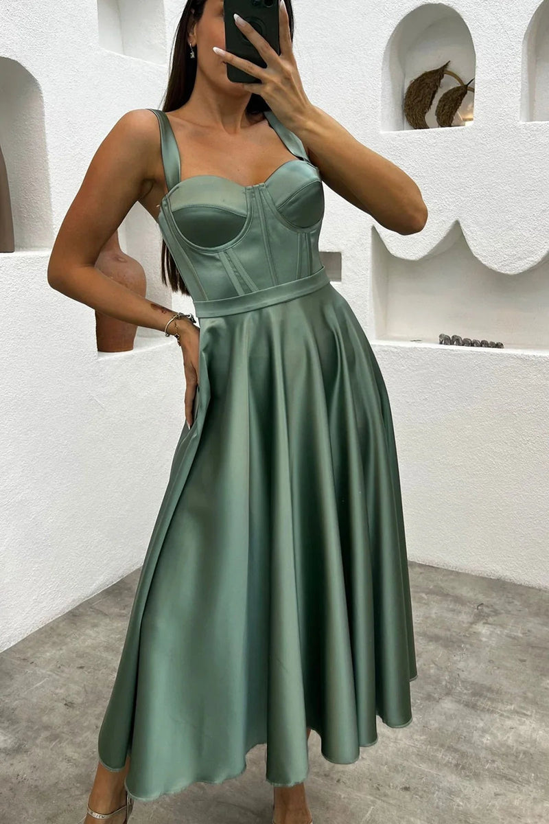 Women's Aqua Green Midi Arkadan Tie Gloplu Evening Gown,Balo,Mezuniyet Dresssi