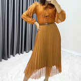 Tan French Guipure Midi Evening Dress