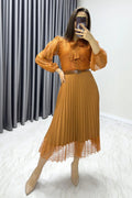 Tan French Guipure Midi Evening Dress