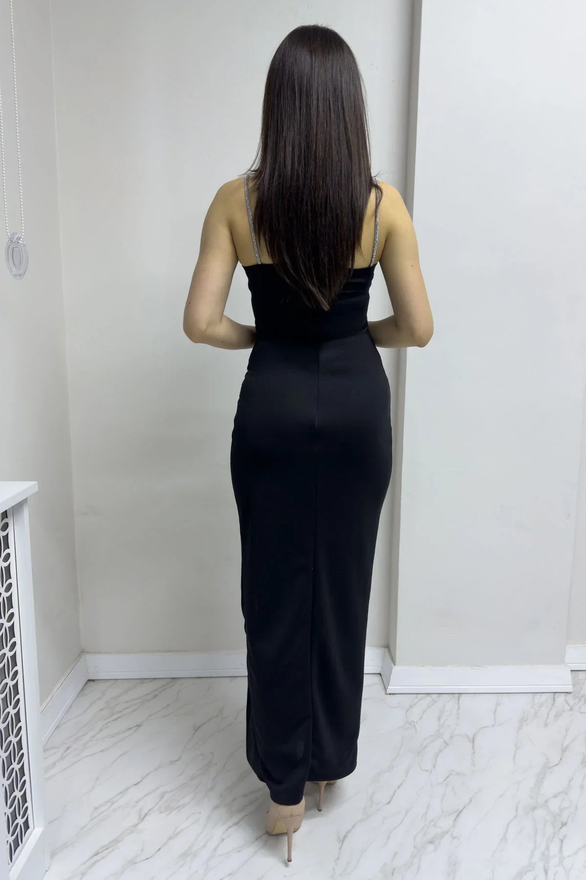 Women's Black Taş Askı Slit Crepe Dress
