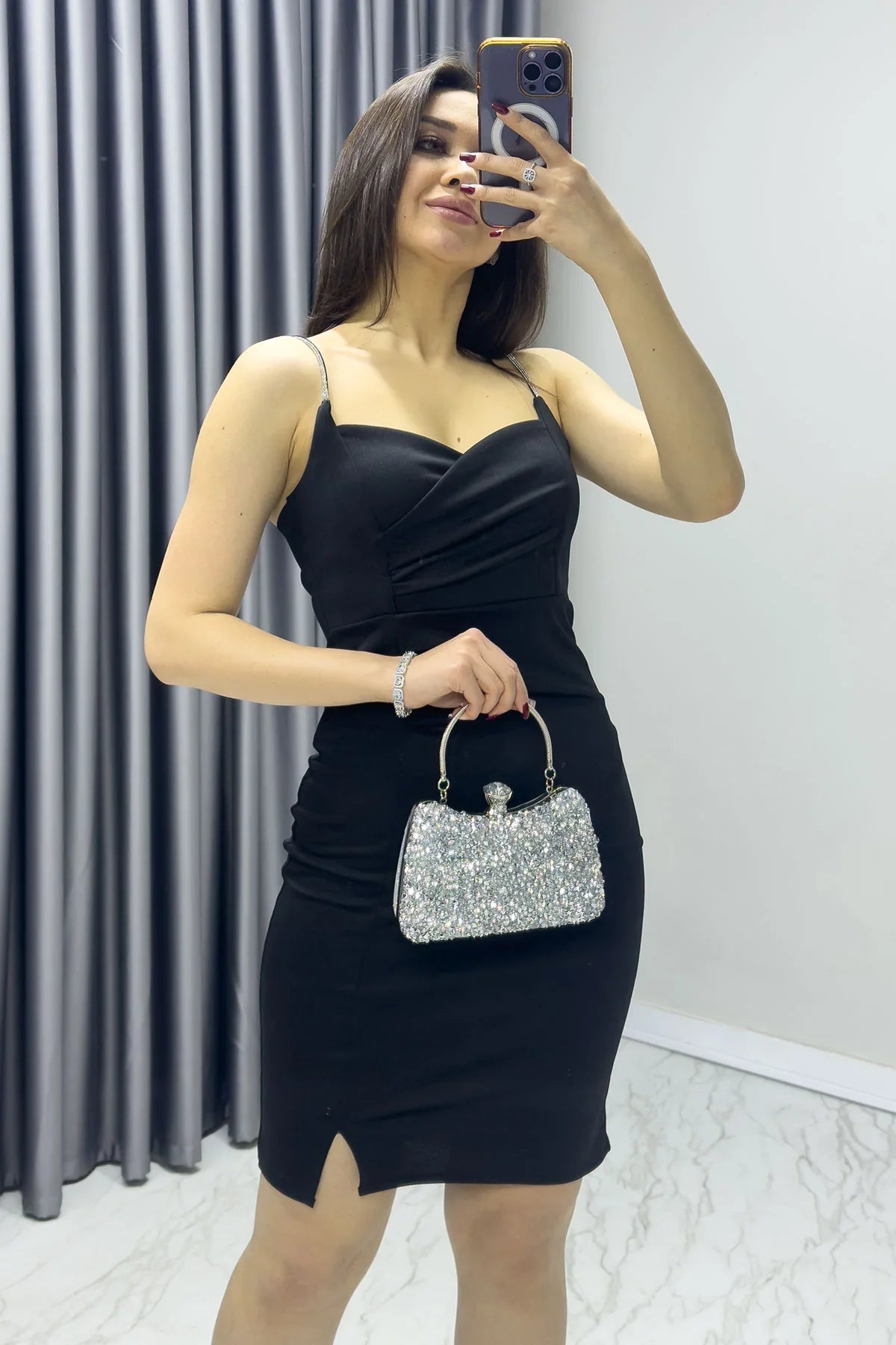 Women's Black Taş Askı Slit Crepe Mini Dress