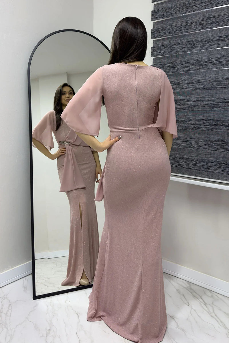 Women's Powder Pink Crystal Embellished Volan Sleeve Glitter Evening Gown