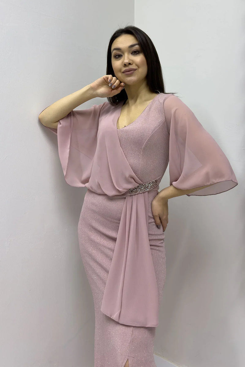 Women's Powder Pink Crystal Embellished Volan Sleeve Glitter Evening Gown