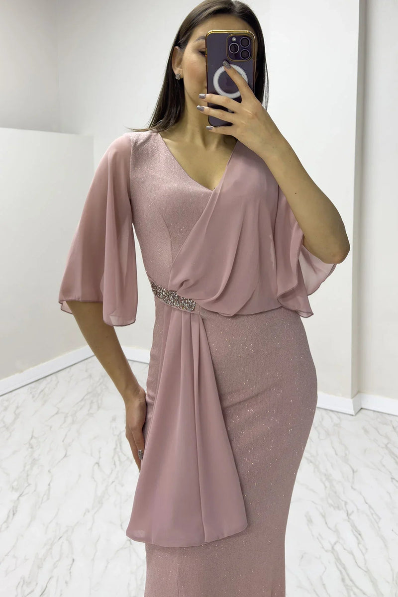 Women's Powder Pink Crystal Embellished Volan Sleeve Glitter Evening Gown