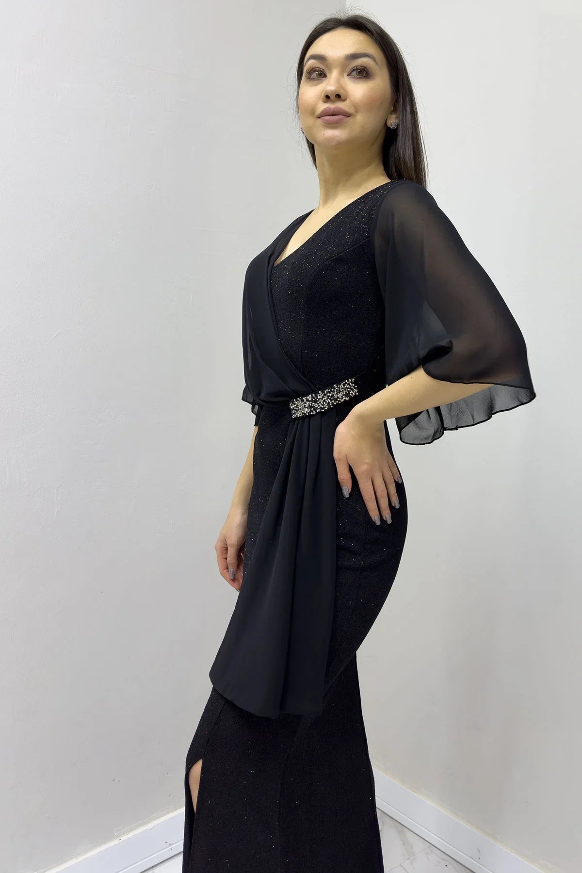 Women's Black Crystal Embellished Volan Sleeve Glitter Evening Gown