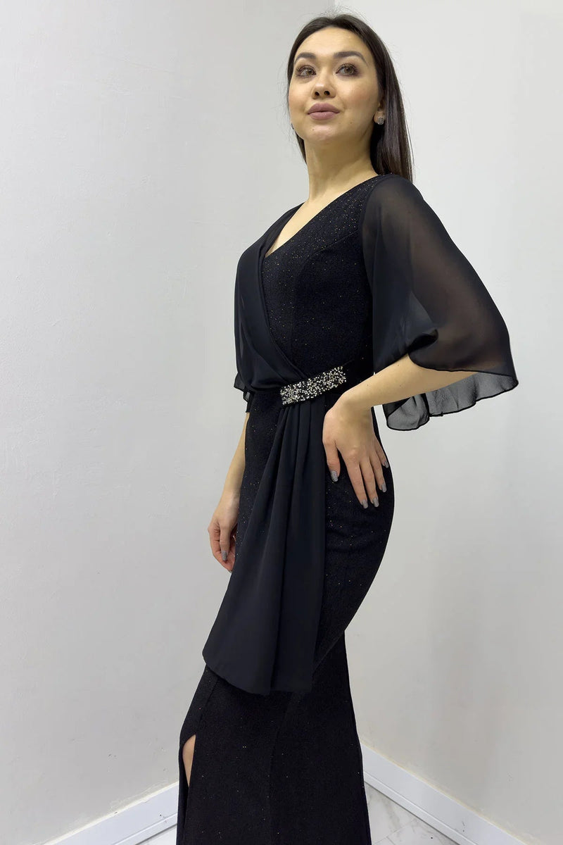 Women's Black Crystal Embellished Volan Sleeve Glitter Evening Gown