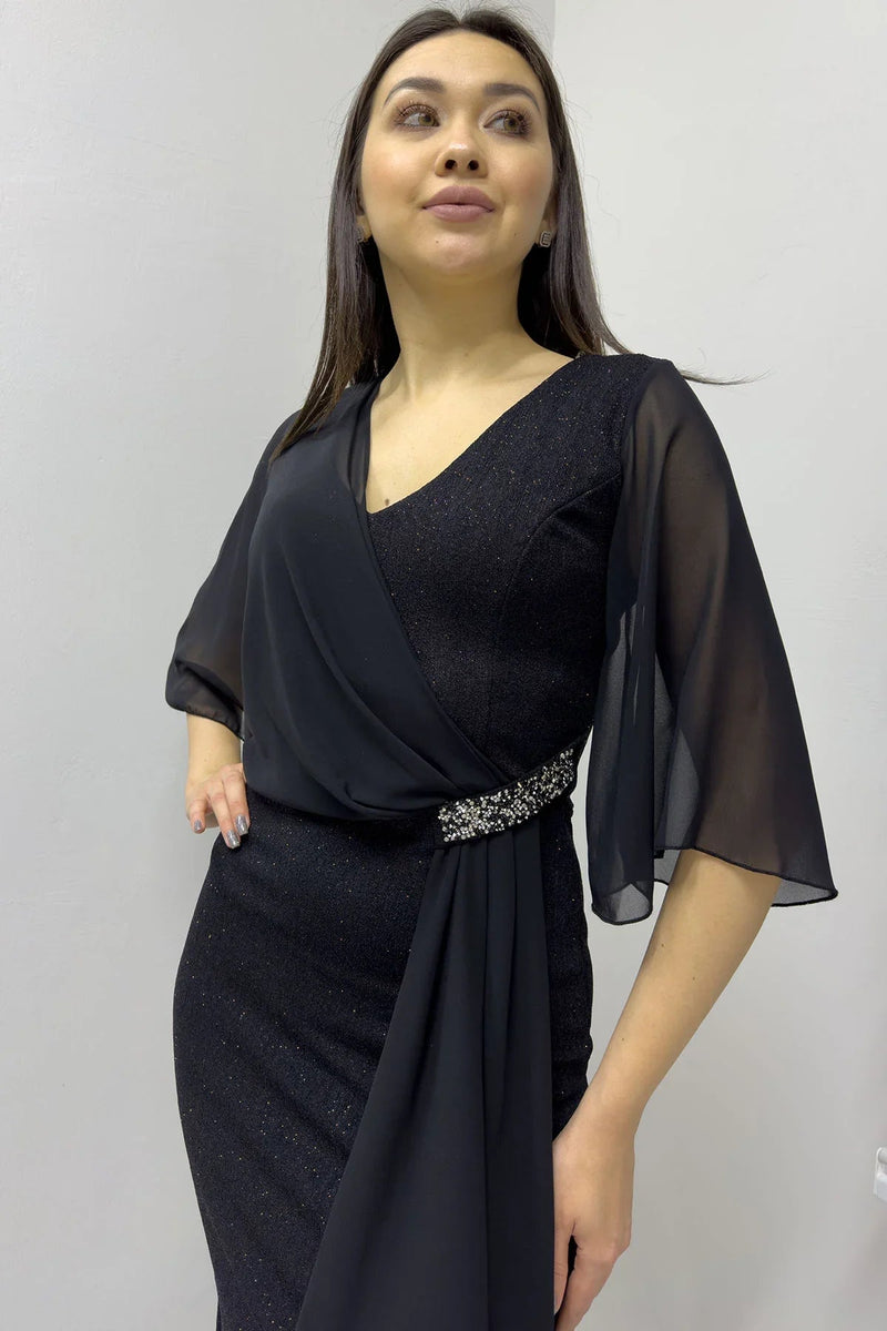 Women's Black Crystal Embellished Volan Sleeve Glitter Evening Gown