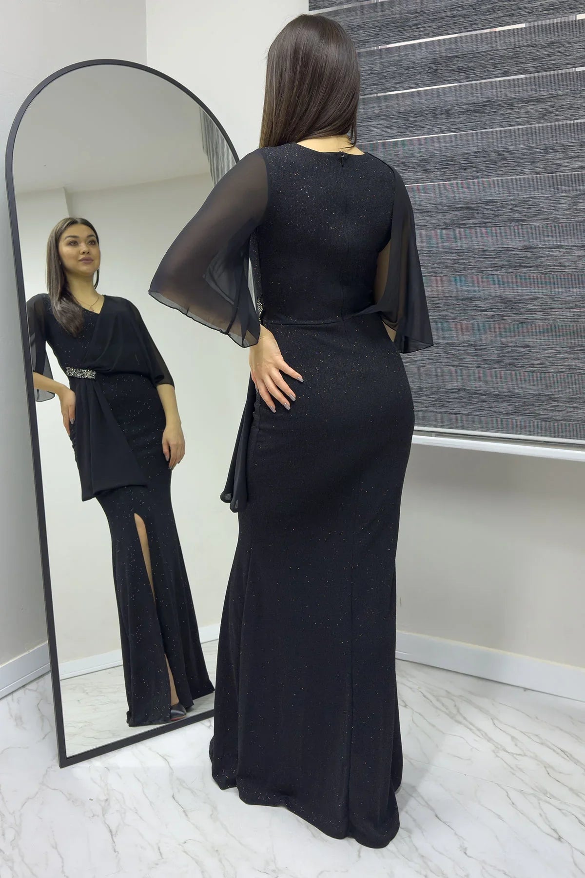 Women's Black Crystal Embellished Volan Sleeve Glitter Evening Gown