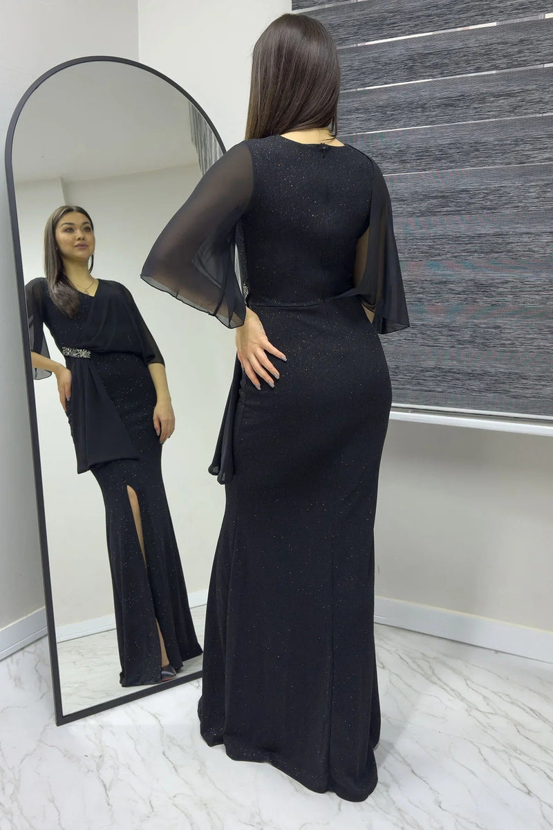 Women's Black Crystal Embellished Volan Sleeve Glitter Evening Gown