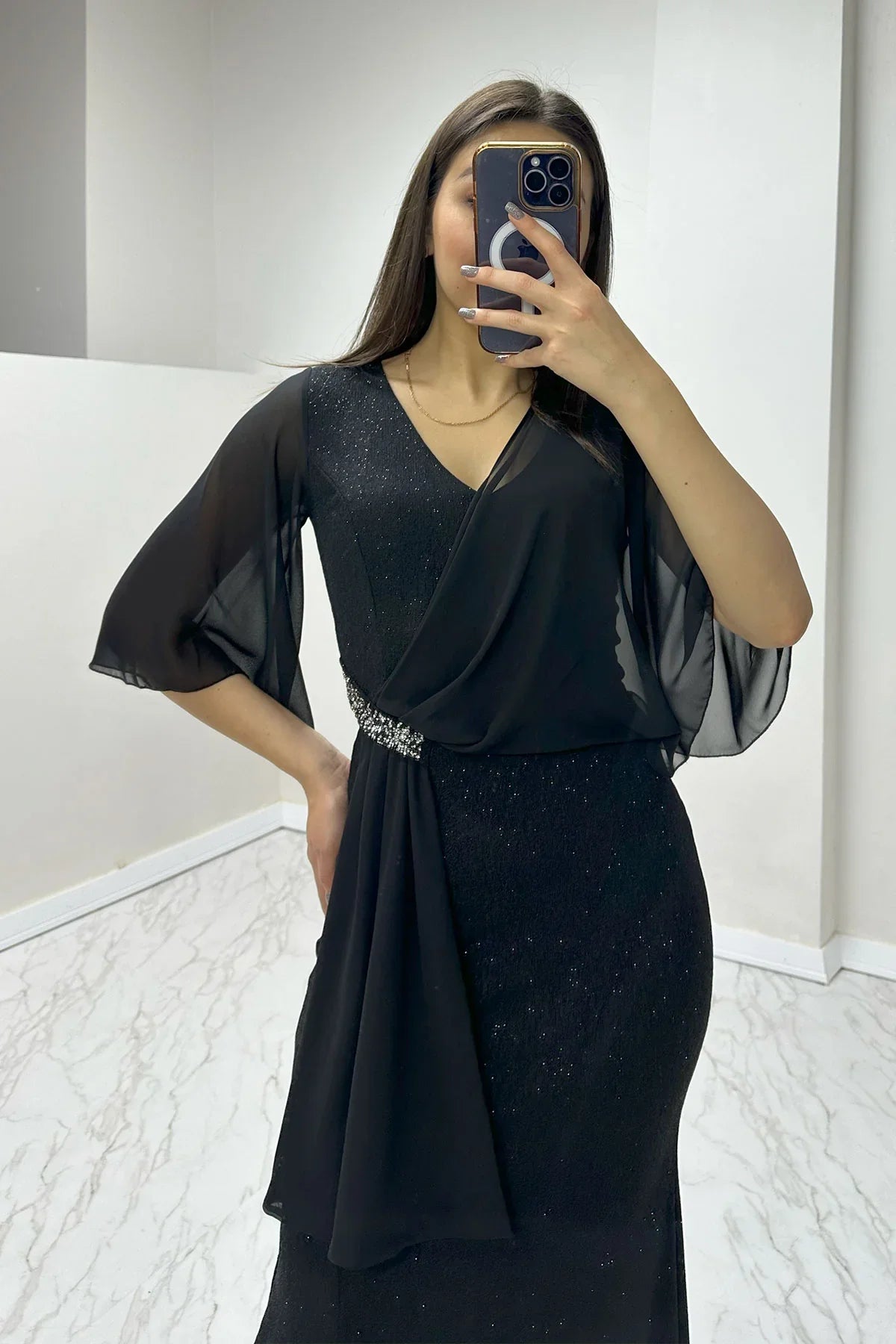 Women's Black Crystal Embellished Volan Sleeve Glitter Evening Gown