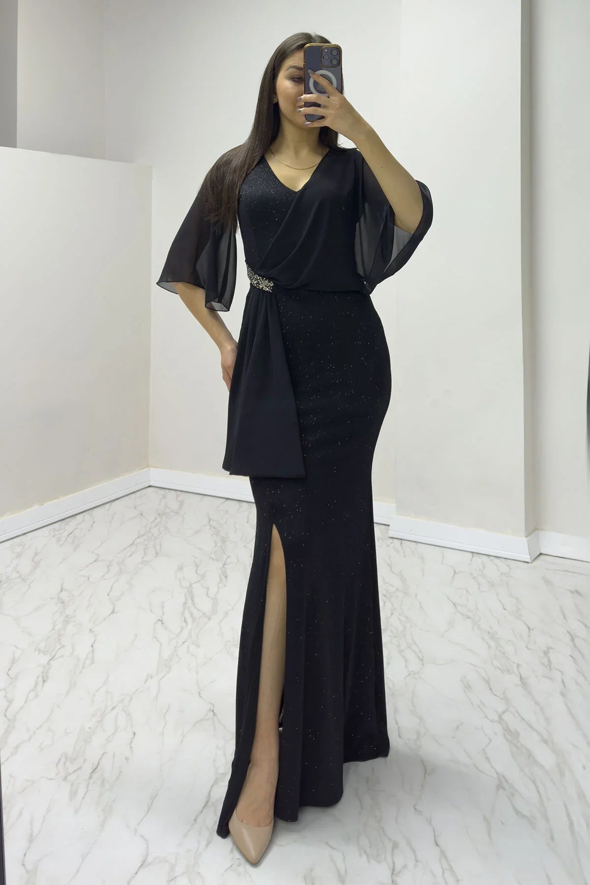 Women's Black Crystal Embellished Volan Sleeve Glitter Evening Gown