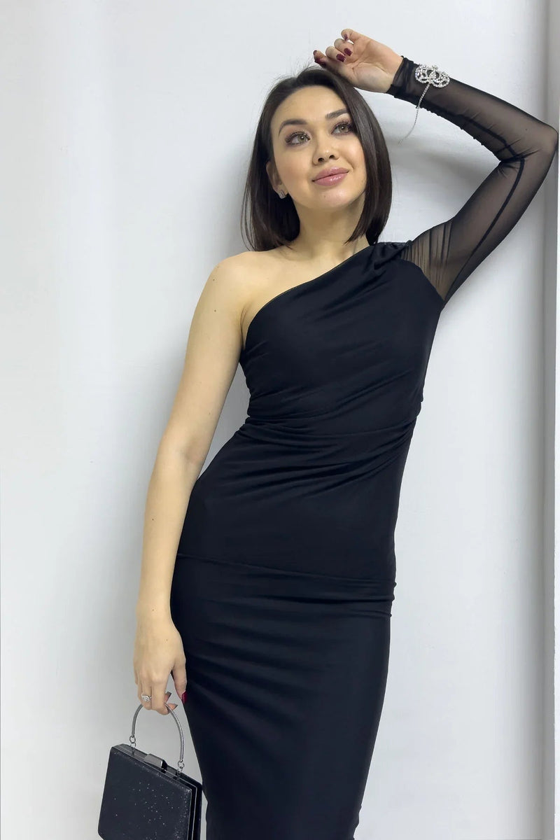 Women's Black One Shoulder Stretch Tulle Dress
