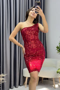 Women's Red Short One-Shoulder Sequined Fishtail Evening Dress