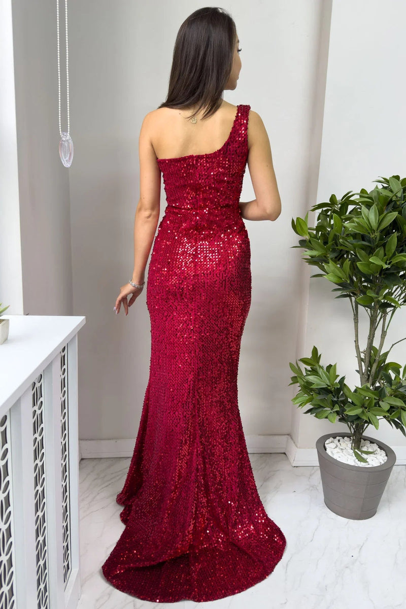 Women's Red Tek Omuz Sequin Slit Mermaid Evening Gown
