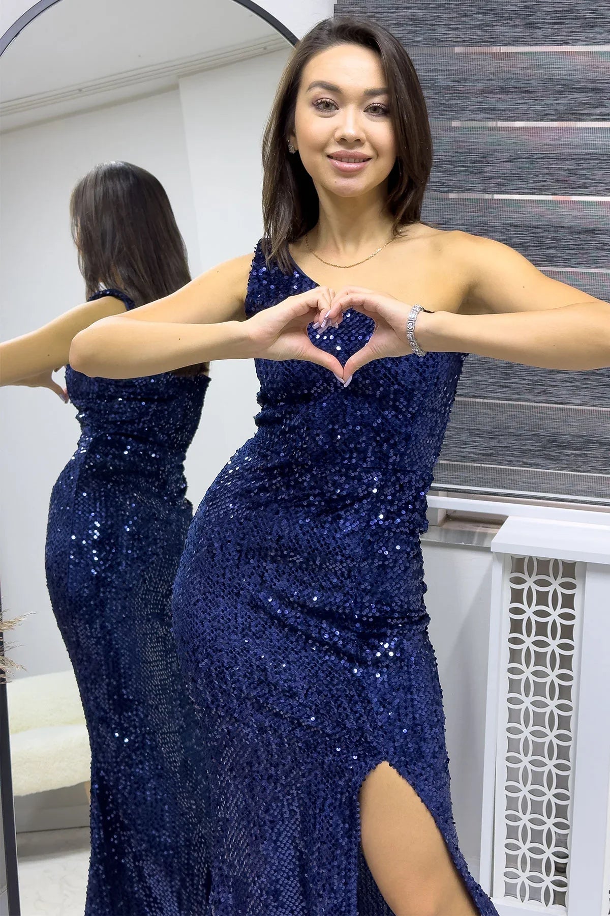 Women's Navy Blue Tek Omuz Sequin Slit Mermaid Evening Gown