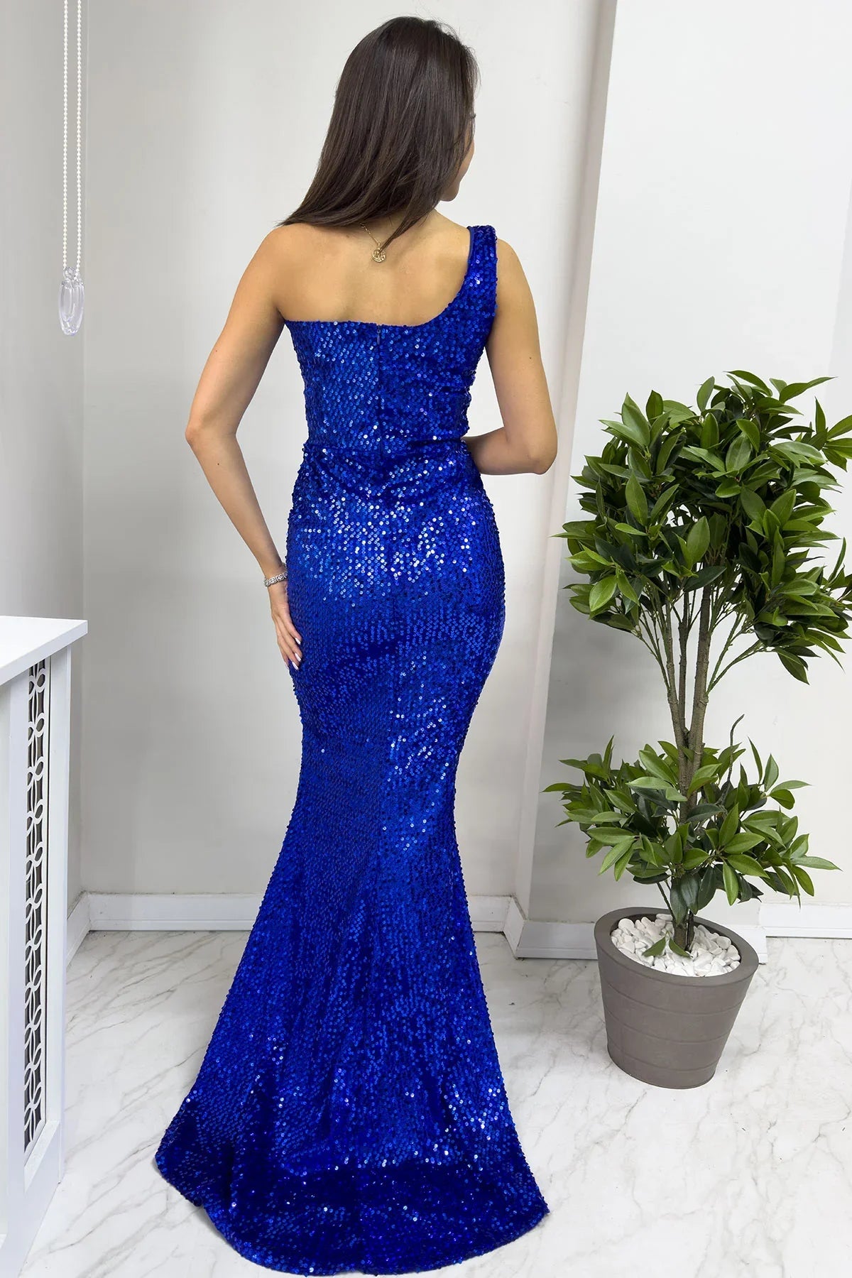 Women's Saxe Tek Omuz Sequin Slit Mermaid Evening Gown