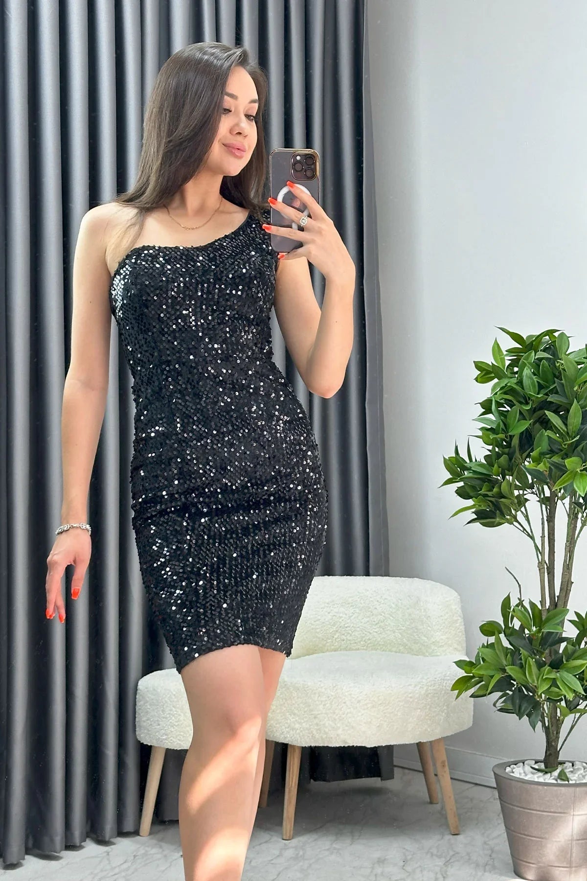 Women's Black Short Tek Omuz Sequin Slit Mermaid Evening Gown