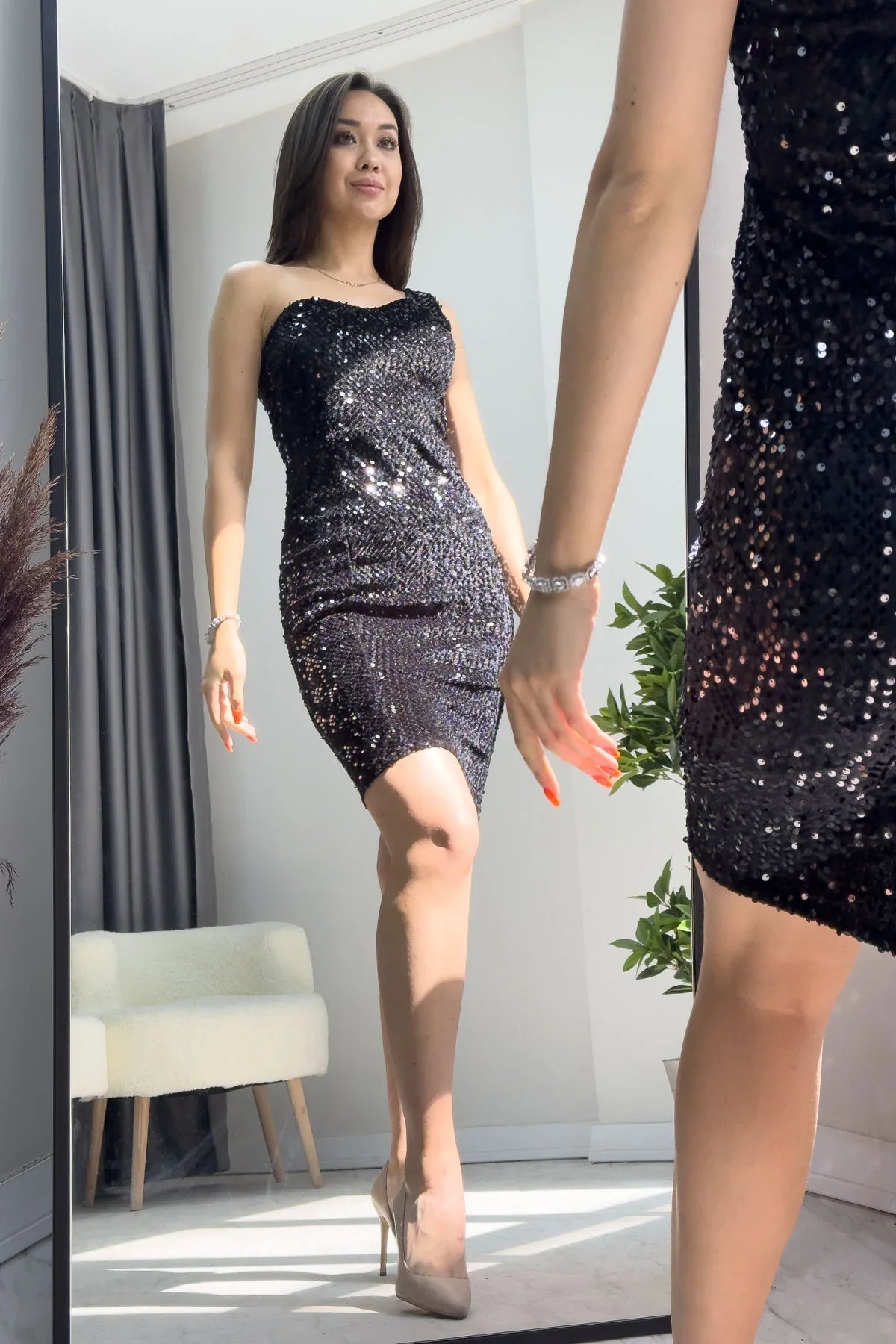 Women's Black Short Tek Omuz Sequin Slit Mermaid Evening Gown