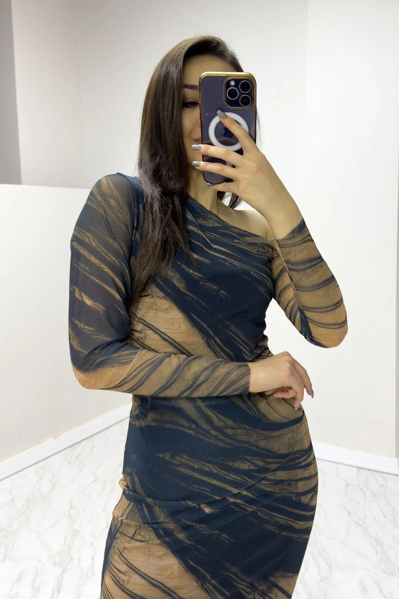 Women's Black Tek Omuz Brown Patterned Stretch Tulle Dress