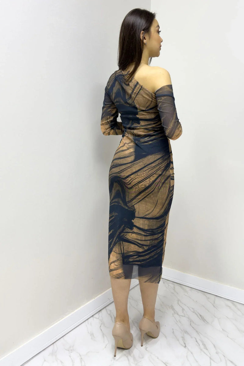 Women's Black Tek Omuz Brown Patterned Stretch Tulle Dress