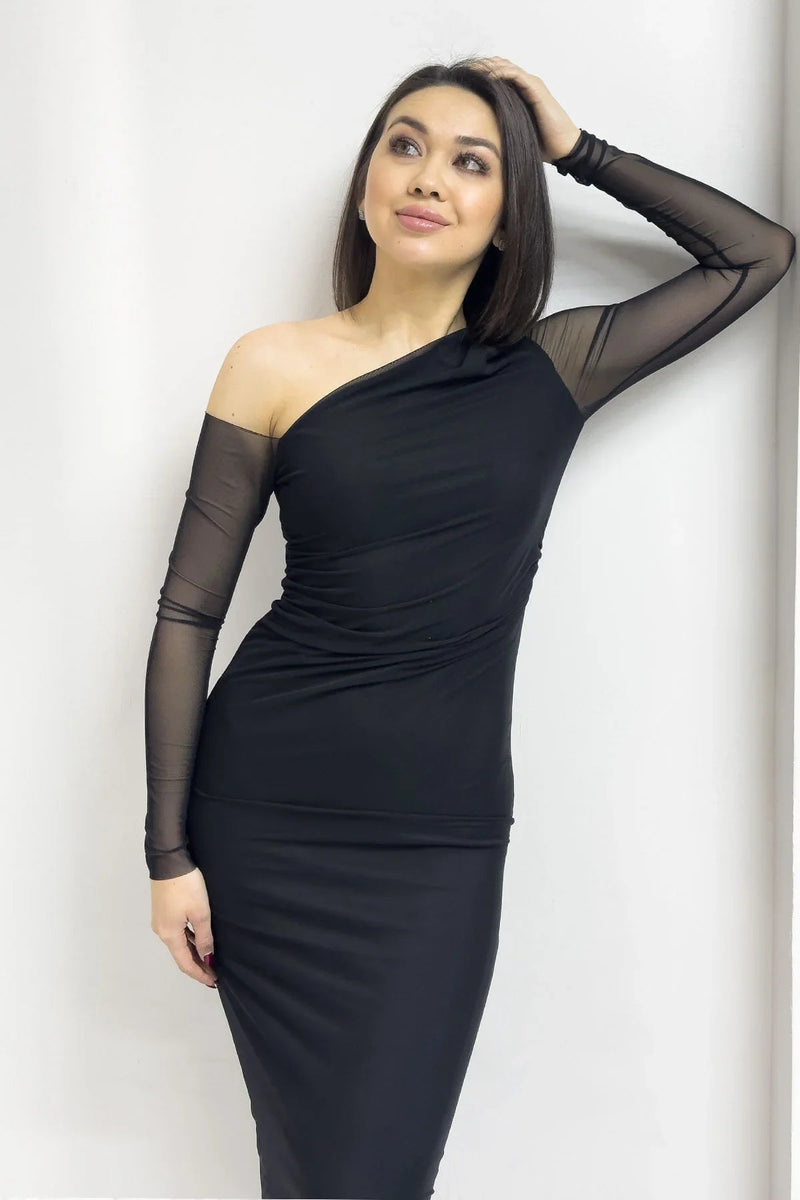 Women's Black Tek Omuz Stretch Tulle Dress