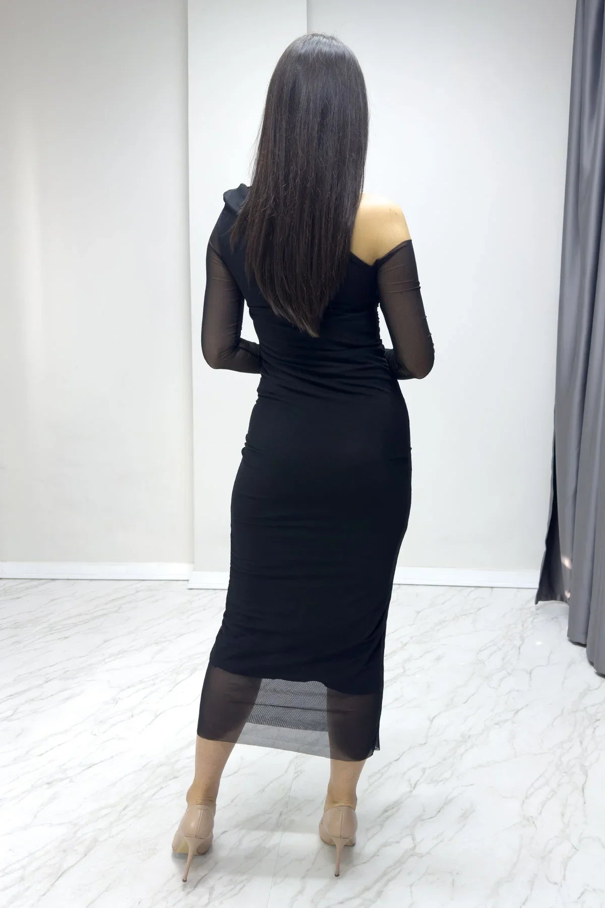 Women's Black Tek Omuz Stretch Tulle Dress