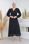Black Cross-Over Neck Midi Length Chiffon Dress