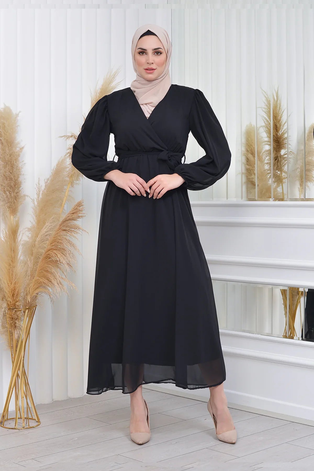 Women's Black Tesettür Lined Plus Size Chiffon Dress