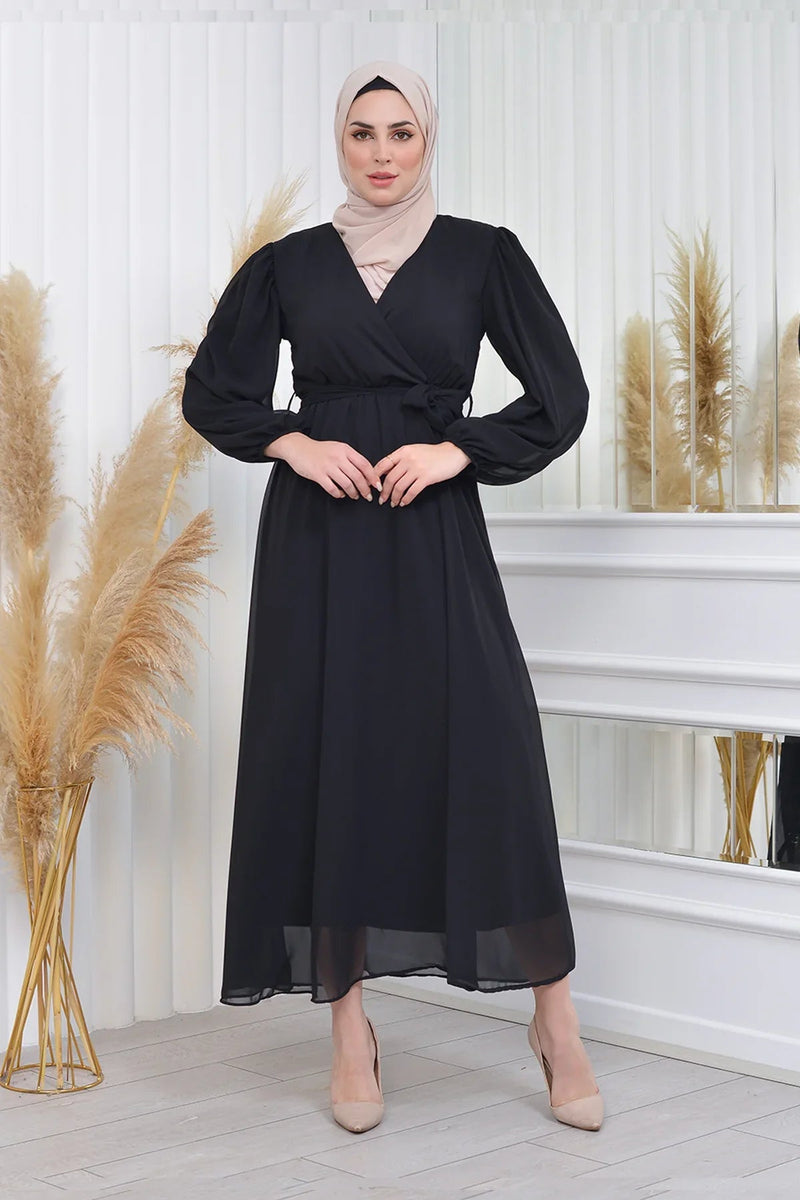 Women's Black Tesettür Lined Plus Size Chiffon Dress