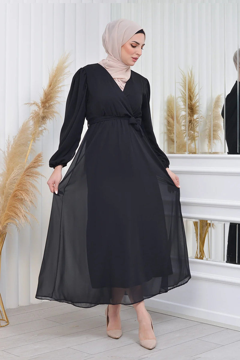Women's Black Tesettür Lined Plus Size Chiffon Dress