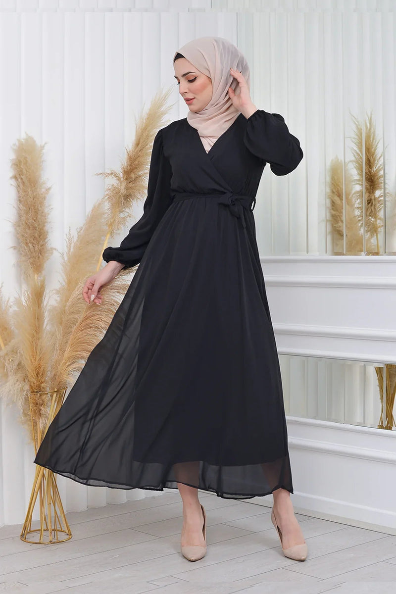 Women's Black Tesettür Lined Plus Size Chiffon Dress