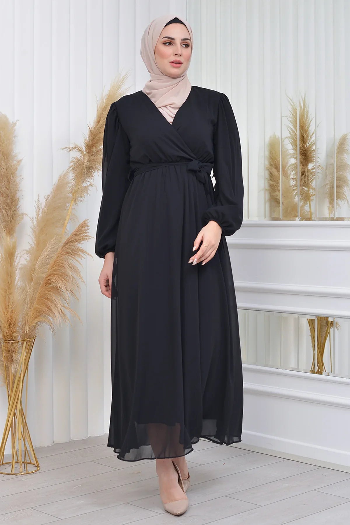 Women's Black Tesettür Lined Plus Size Chiffon Dress