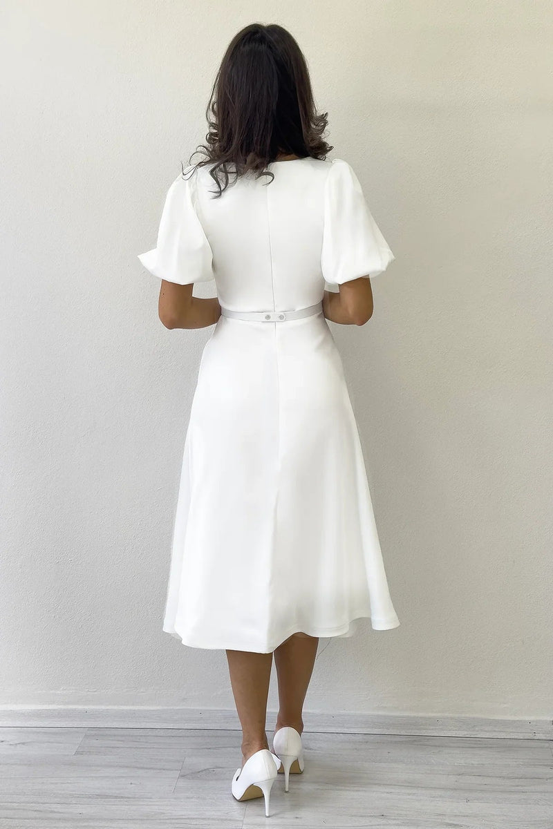Women's White Balloon Sleeve Taş Belted Midi Satin Evening Gown