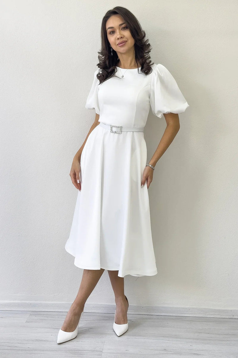 Women's White Balloon Sleeve Taş Belted Midi Satin Evening Gown