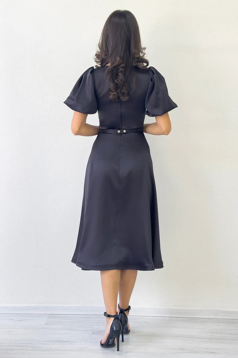 Women's Black Balloon Sleeve Taş Belted Midi Satin Evening Gown